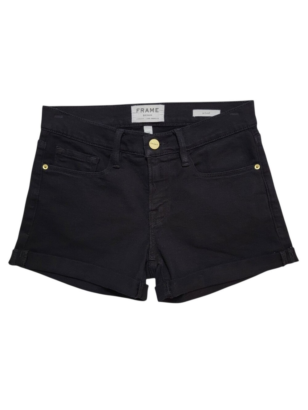 Frame | Le Cutoff Cuffed Jean Denim Shorts in Noir Black Mid-Rise Stretch